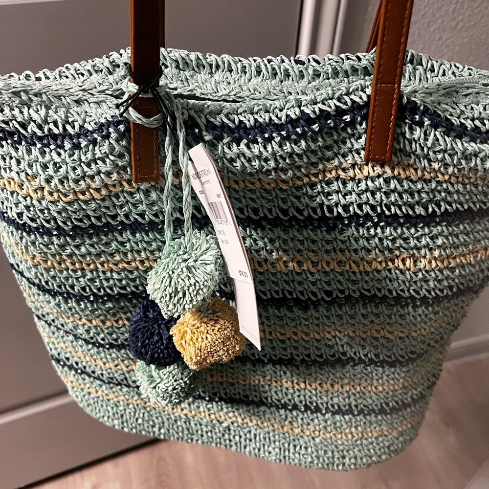 Striped Crochet Tote Bag - Mint and Navy - Picture 2 of 5